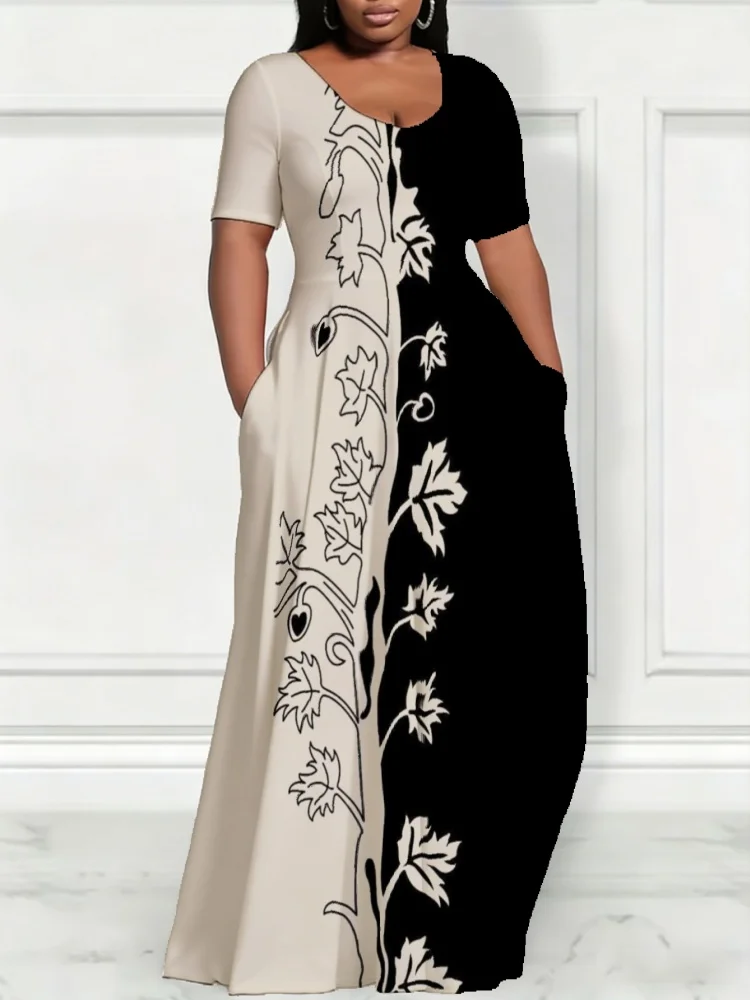 Vestido Maxi de Moda para Mujer Tallas Grandes 2026 Nuevo Estilo Boho Vintage con Estampado, Manga Corta, Cuello Redondo, Casual, Holgado y Fluido, Ideal para Vacaciones