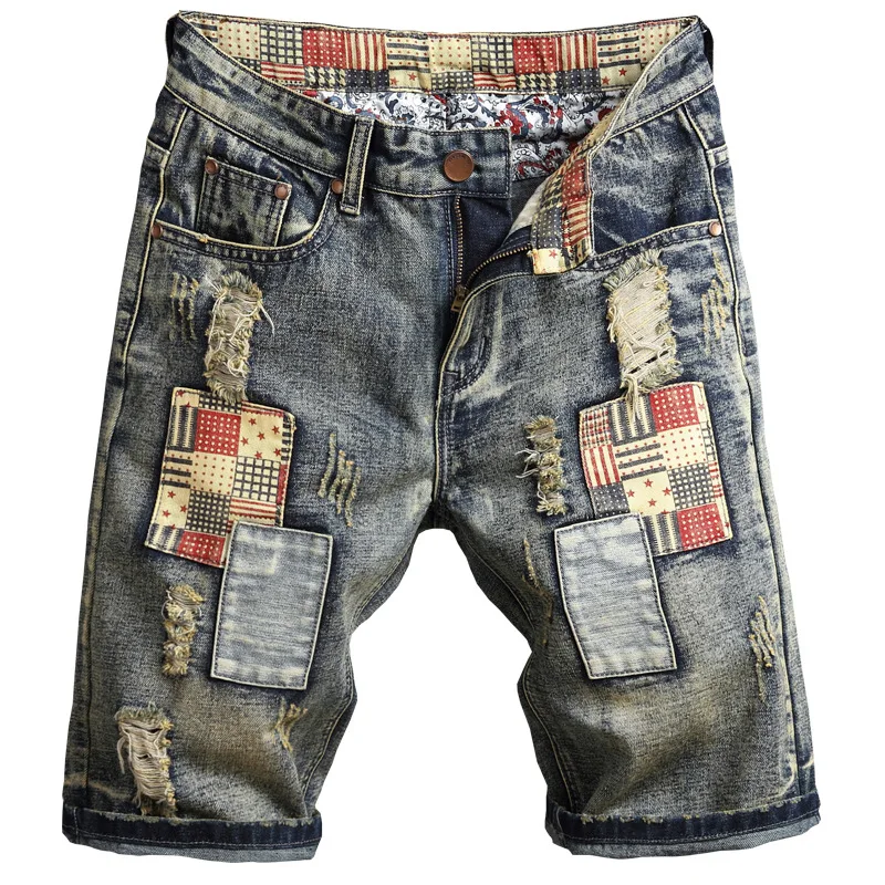 2024  Motorcycle Denim Shorts Men's Summer Fashion Brand Patchwork Stitching Loose Straight Retro Tattered Jeans Cropped Pants