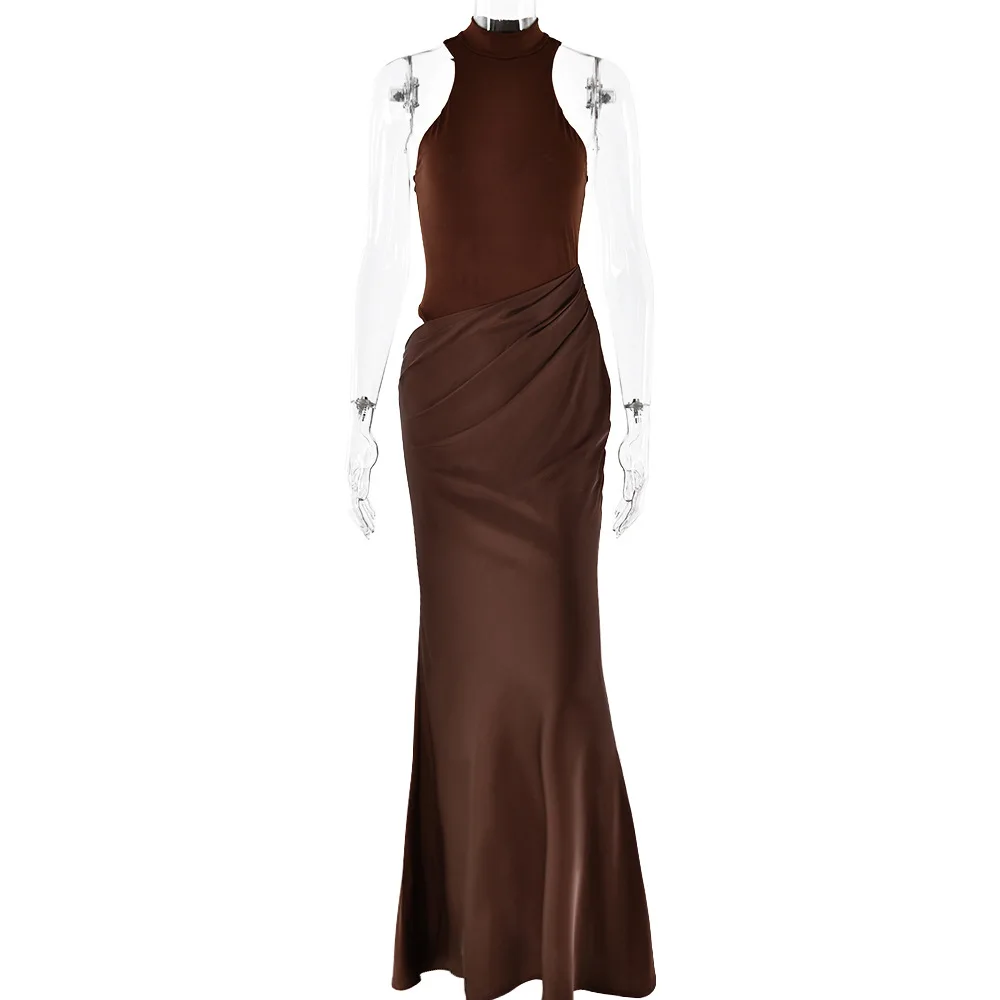 Robe Maxi en Satin pour femmes, Sexy, ajourée, noire, sans manches, taille haute, slim, élégante, tenue de soirée, Clubwear, nouvelle collection automne