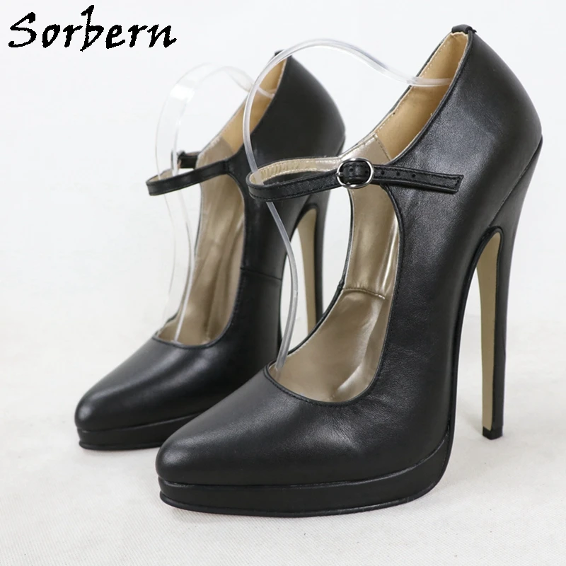 

Sorbern Black Real Leather Women Pump Mary Jane Style Shoes 18Cm High Heel Stilettos Pointed Toe Fetish Drag Queen Shoes