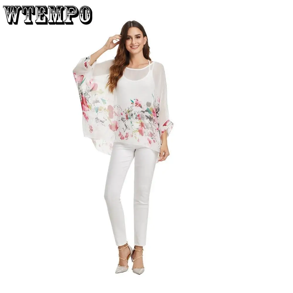 Floral Chiffon Tunics Blouses for Women Batwing Summer Boho Shirts Beach Cover ups