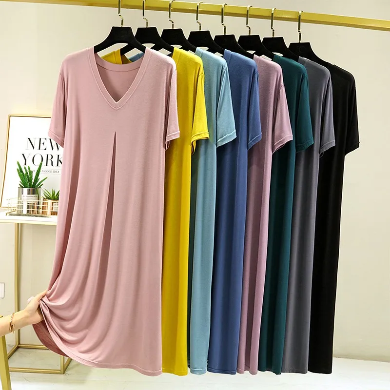 Summer Modal Sleep Dress Women's Loose Short Sleeve V-Neck Home Clothes Nightgown Knee-Length Dress Casual Comfortable Gown