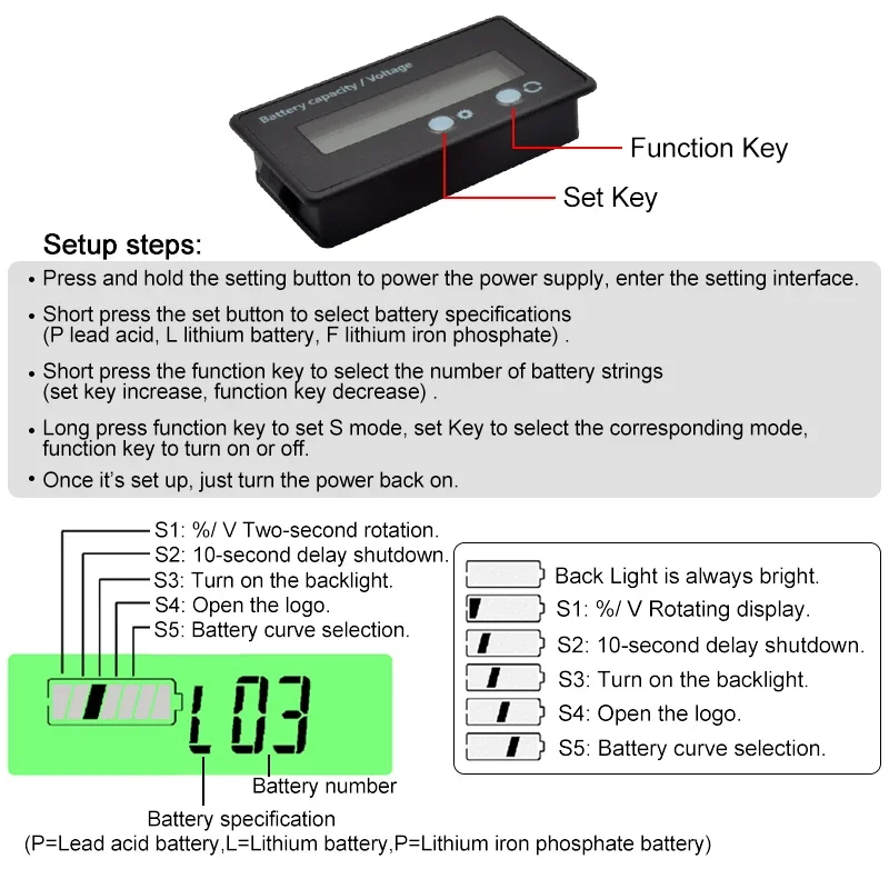 Acid Lead Lifepo4 Lithium Battery Capacity Indicator LED Digital DC Car Motorcycle Voltmeter Voltage Meter 12V 24V 36V 48V