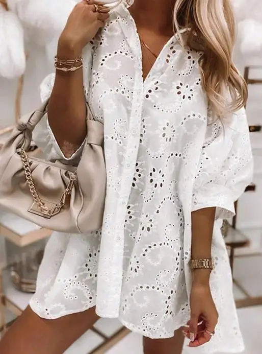 

Женская блузка, весна-лето 2024, новейшая однотонная повседневная рубашка с отложным воротником и половиной рукава, свободная повседневная рубашка с неровным подолом