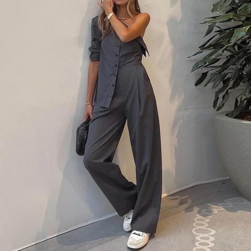 Women Two Piece Sets Pants Set One Shoulder Full Sleeve Shirt Tops Casual Matching Sets Wide Leg Long Pants High Waist Slim