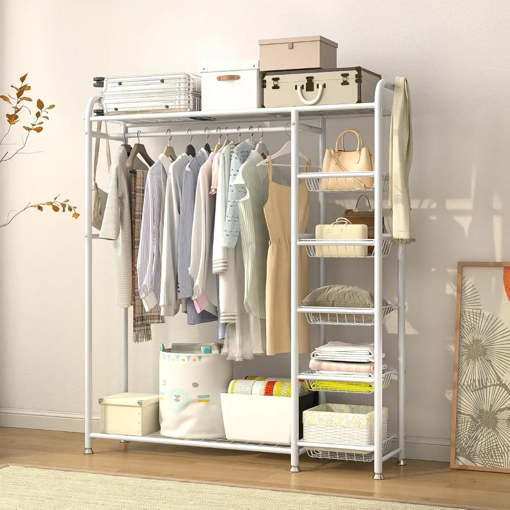 

Clothes rack for hanging clothes, sturdy multifunctional wardrobe rack with 2 storage racks and 5 baskets, closet organizer