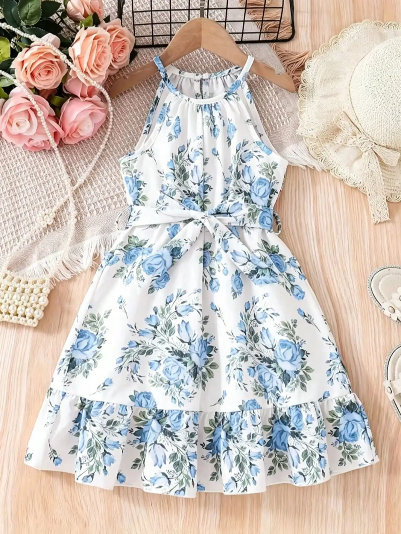 Lässiges Kleid mit Blumenmuster für Kinder, bequemer Rundhalsausschnitt, ärmelloses Kleid mit Taillenbund, mittellanger Rock für Mädchen. – Detail 3