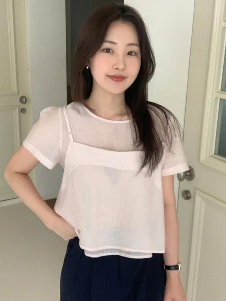

French Sle round Ne Bubble Sve Women's irt Summer Layering Design Two-Piece Set Chiffon Top Loose Fit ort Sve