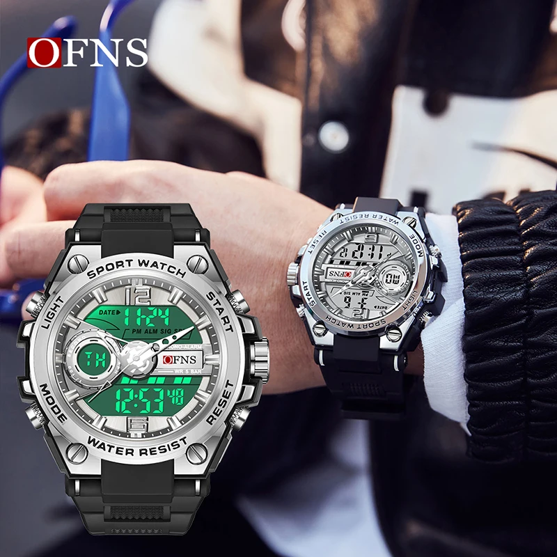 OFNS Top Dual Display Men Watches Waterproof Sports Watch Military Man Alarm Stopwatch Quartz Wristwatch Male LED Digital Clock