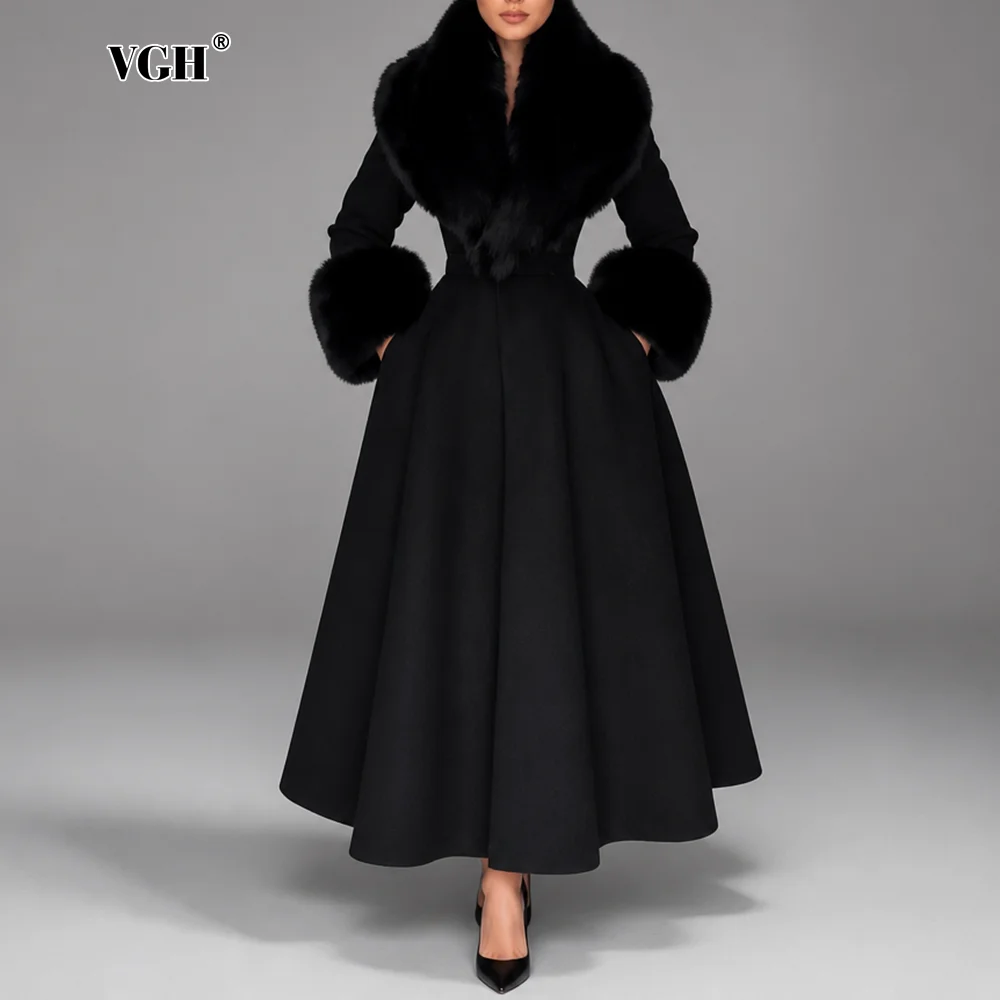 VGH Luxury Faux Fur Collar Cuff Long Wool Blend Coat for Women with Side Pockets Belted Waist A Line Flared for Autumn Winter