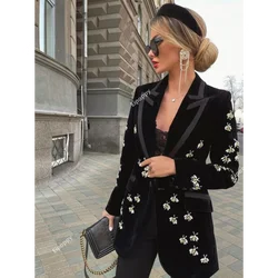 Black Velvet Blazer WomenDiamond Studded Pearl Bee Jacket for Party Wedding Wear Slim Fit Bee Diamond Studded Velvet Suits Coat