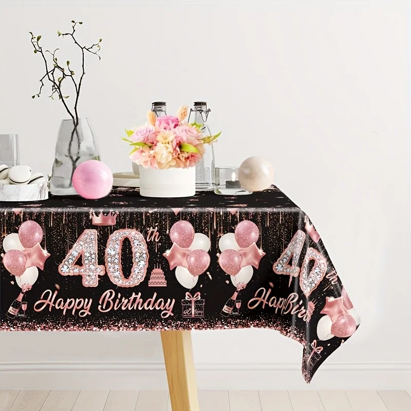 1pc, Wedding Decorations, Summer Decoration, Decor for Outside, Decor, Rose Golden 40Th Birthday Disposable PE Tablecloth, 51.18