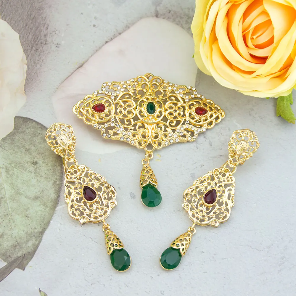 Sunspicems Gold Color Moroccan Jewelry Women Caftan Brooch Pins Drop Earring Crystal Arabian Bridal Bijoux Eardrop Broches Set