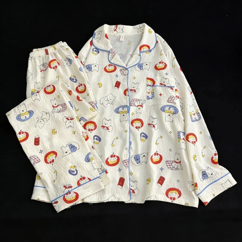 

2pc Women's Pajamas Korean Style Casual Homewear Pajamas Set Women Sweet Cute Big Ear Dog Print Outside Long Sleepwear Autumn