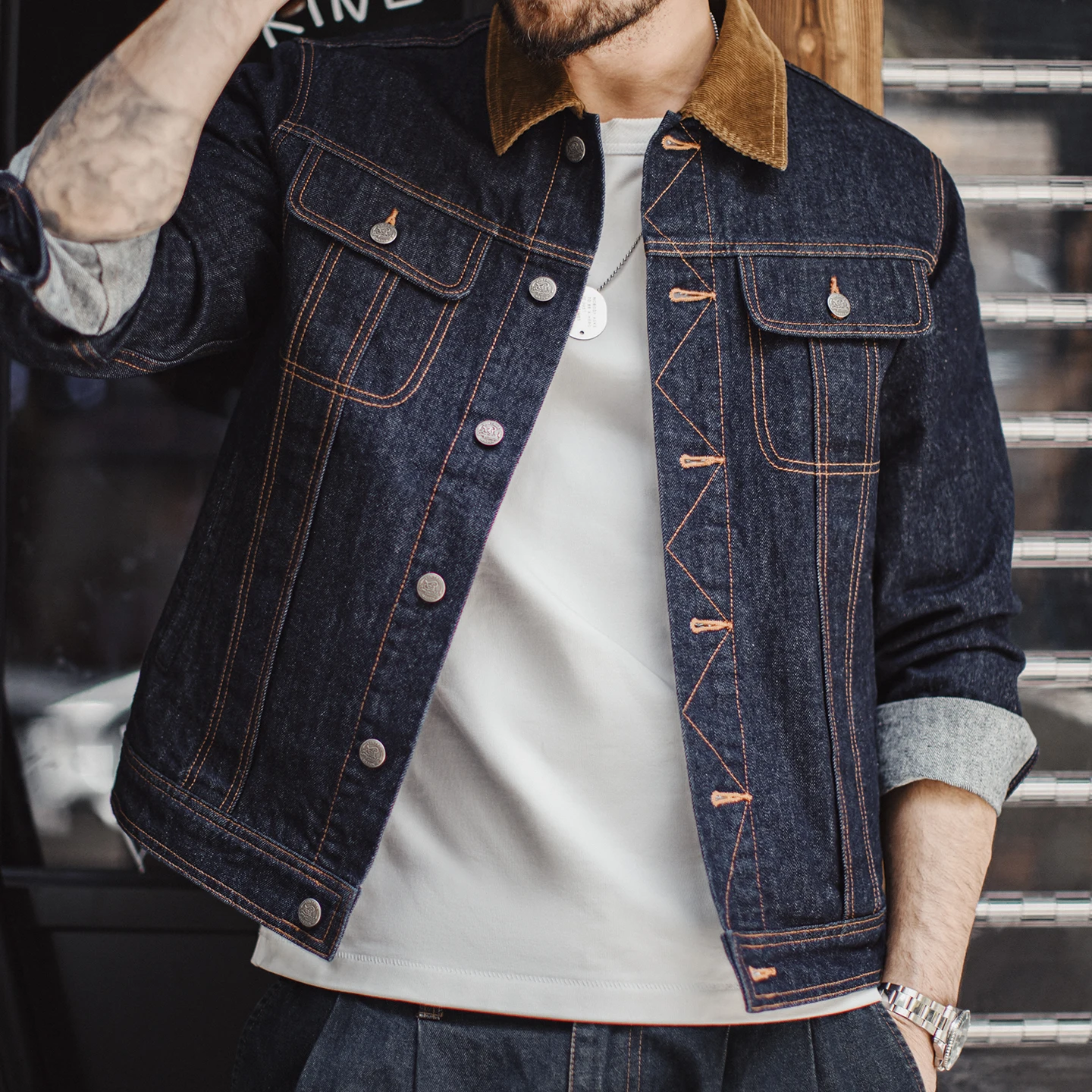 Maden Men's Denim Jacket Trucker Jacket Corduroy Collar Oversized Fit Heavyweight Washed Denim Workwear Coat Casual Fall