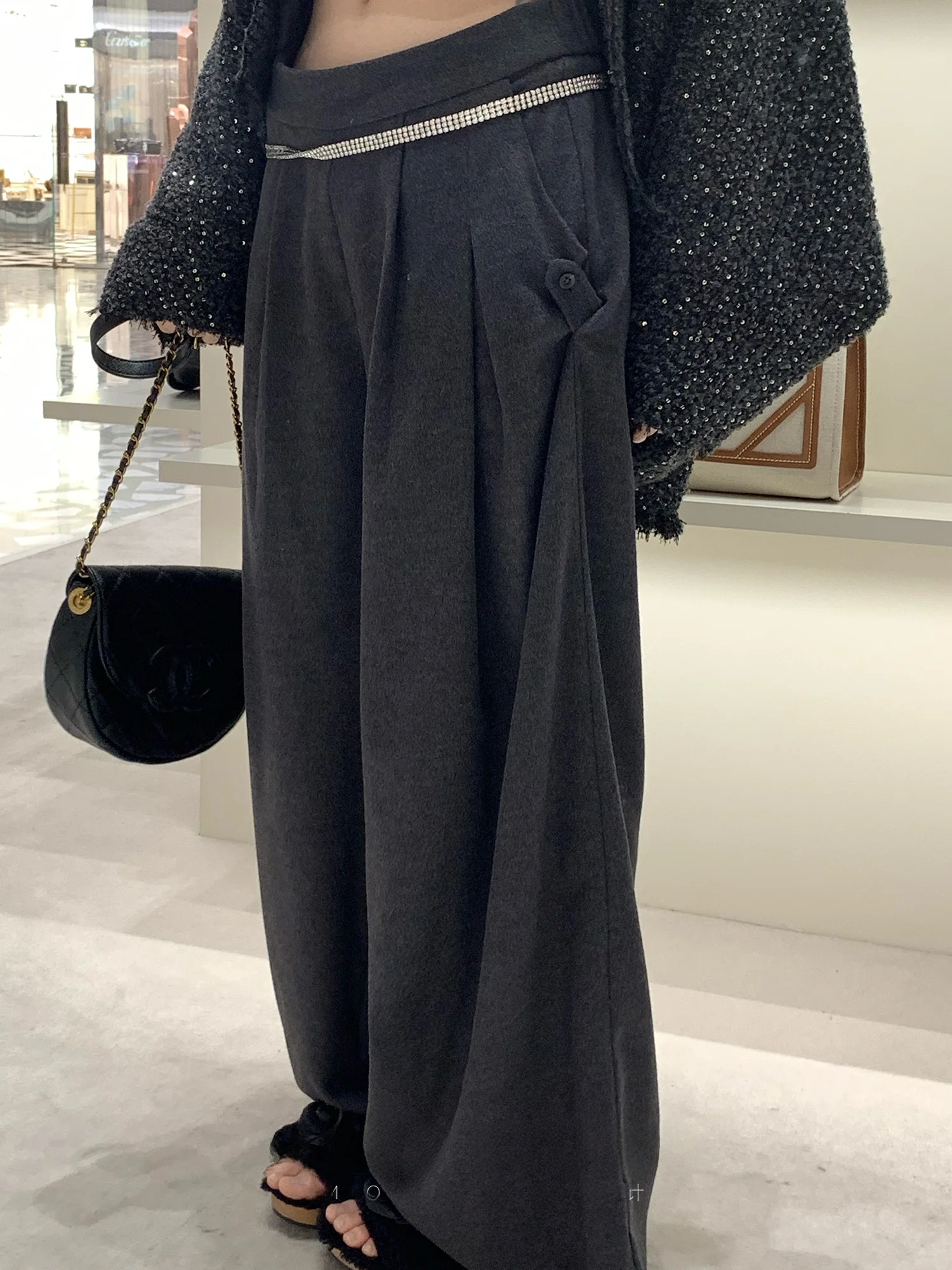 

Moss Studio Vintage Woolen Wide Leg Pants for Women Comfortable Breathable Casual Trousers Chinese Sle l Waist