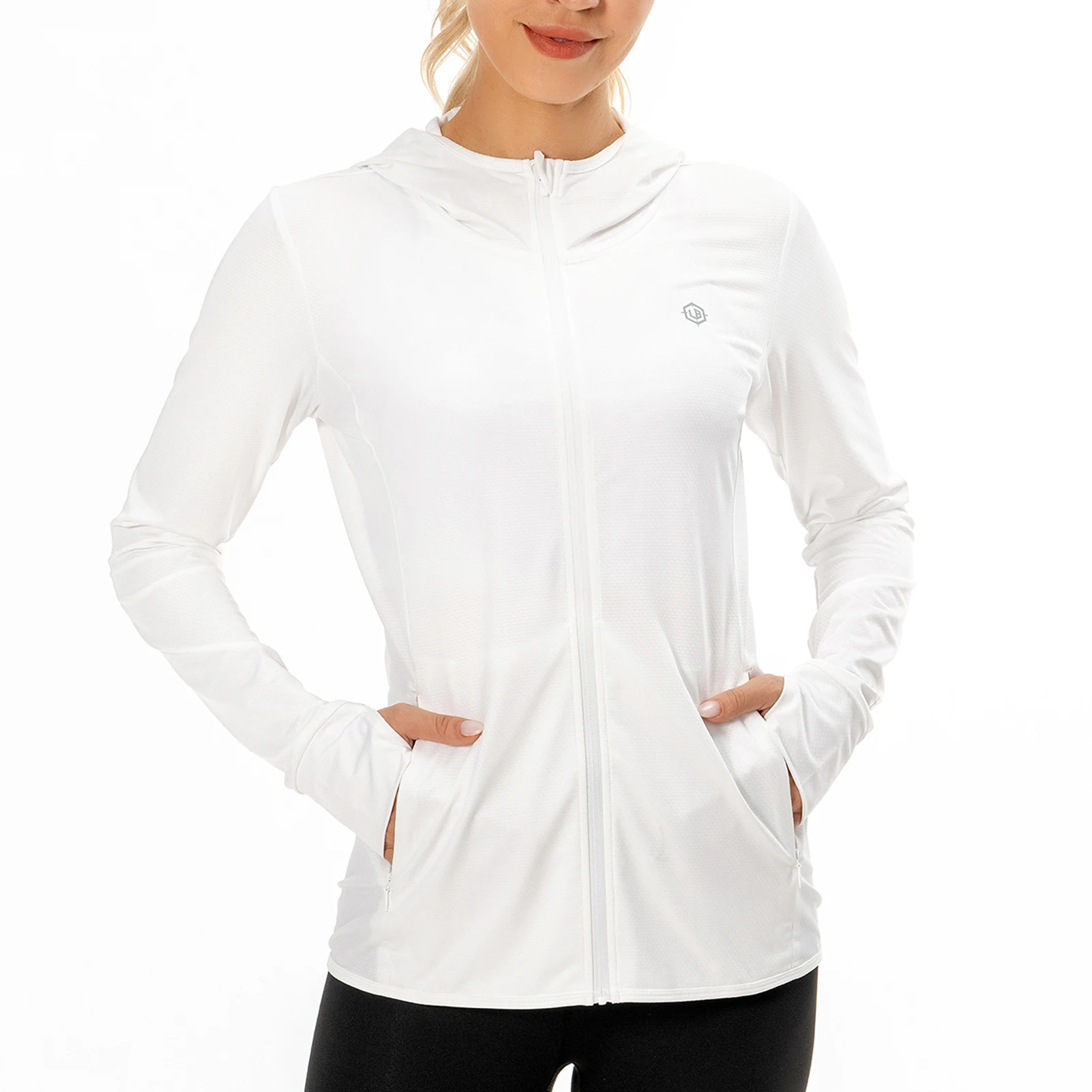Lighbare Damen upf 50 Kapuzen pullover mit durchgehendem Reiß verschluss Langarm-Sonnen hemd mit Kapuze und Taschen zum Wandern im Freien