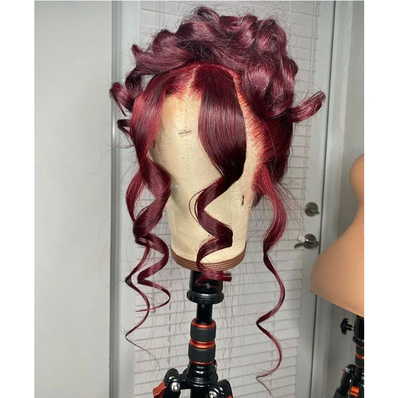 

26 Длинный 180 Плотность Бордовый Мягкий Глубокая Волна Вьющийся Парик Фронта Шнурка Для Чернокожих Женщин Детские Волосы Бесклеевые Предварительно Сорванные Жаростойкие Ежедневно