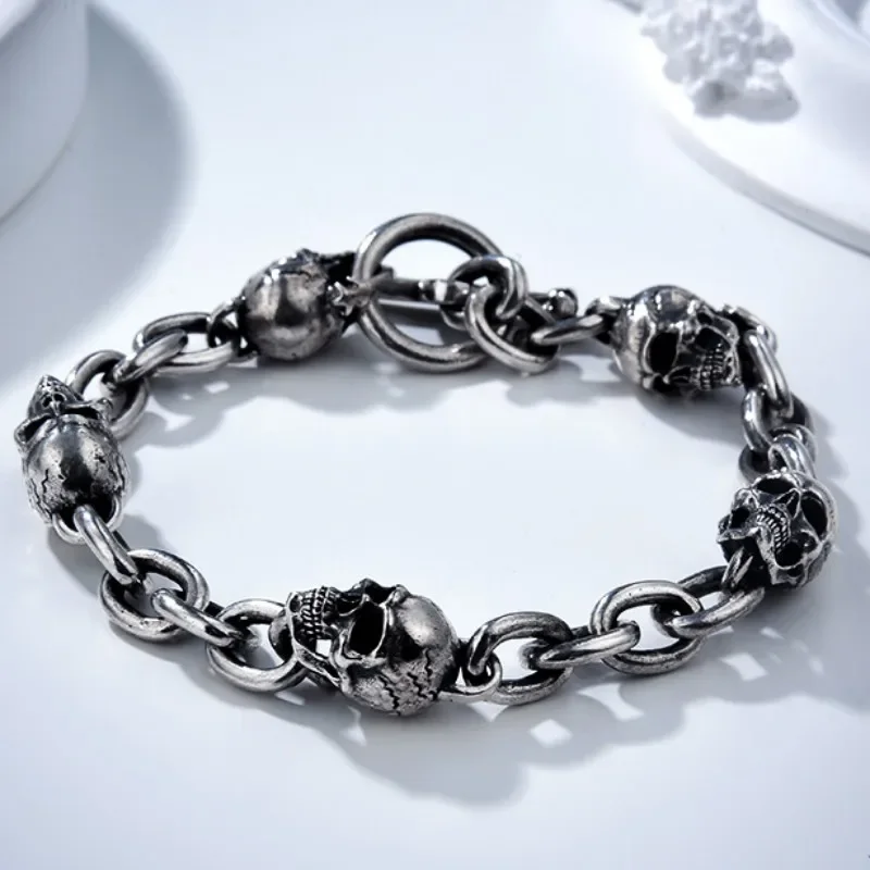 

New Real Retro S925 Silver Personality Joker Bracelet Skull Hip-hop Punk Jewelry Simple Marcasite Do Old Hipster Brace