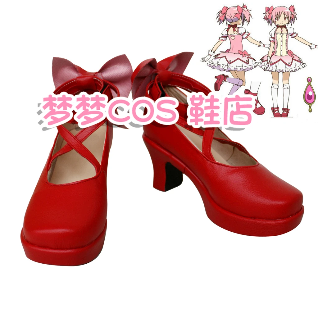 Puella Magi Madoka Magica Magical Girl Kaname Madoka คอสเพลย์รองเท้ารองเท้าอะนิเมะฮาโลวีนสีแดง PU รองเท้าหนัง
