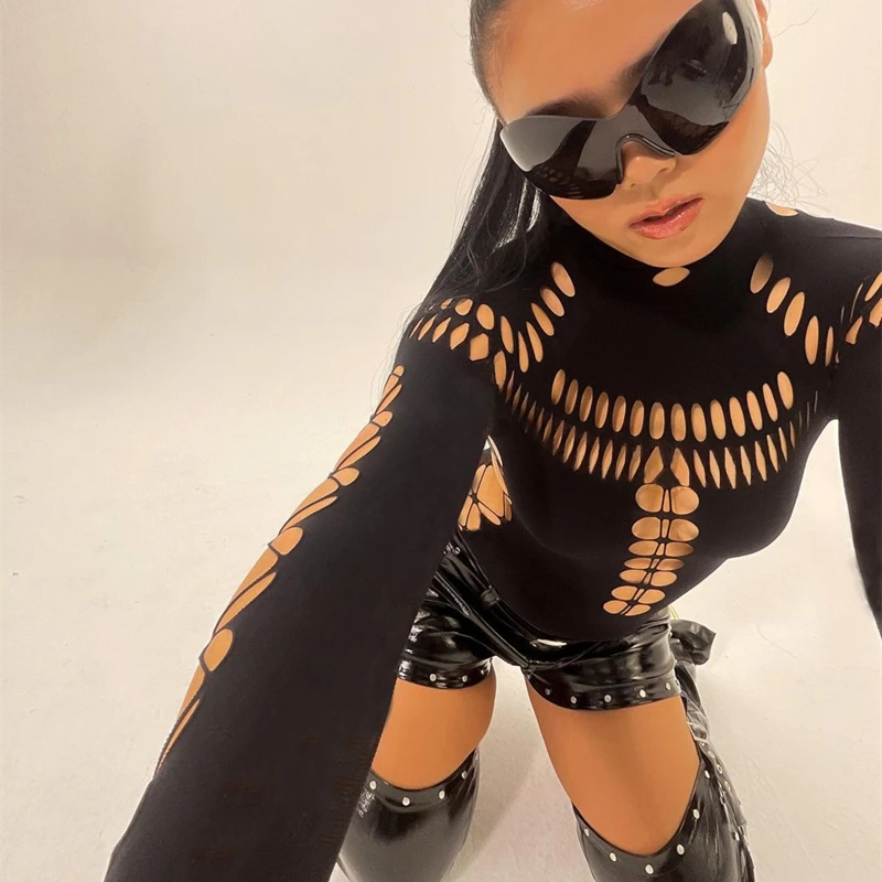 Sexy Slim Fit Long Sve  Suit Hollow out Stand Collar for Women Bla High Street Sle High Waist ort Pants