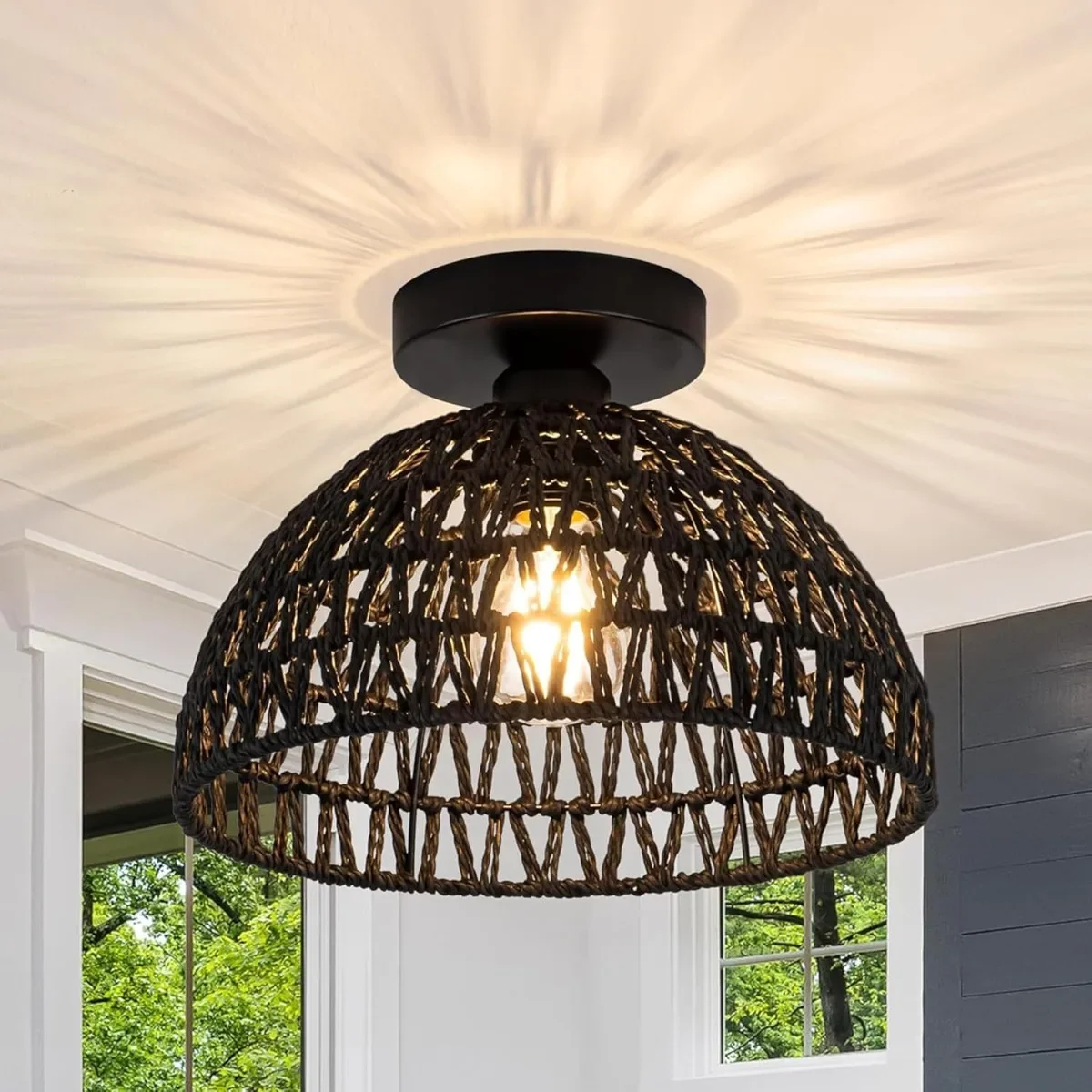 

Rattan Ceiling Pendant Lamp Fixtures Hand-Woven Boho Semi Flush Mount Handmade Light Fixture with Paper Rope Shades for Bedroom
