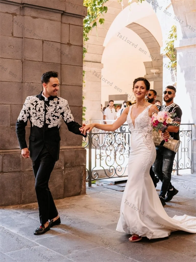 

Black Appliqued Men Suits Pants Set 2 Pcs Blazer+Cotton Trousers Groom Wedding Tuxedos Jacket Formal Office Business Coat Outfit