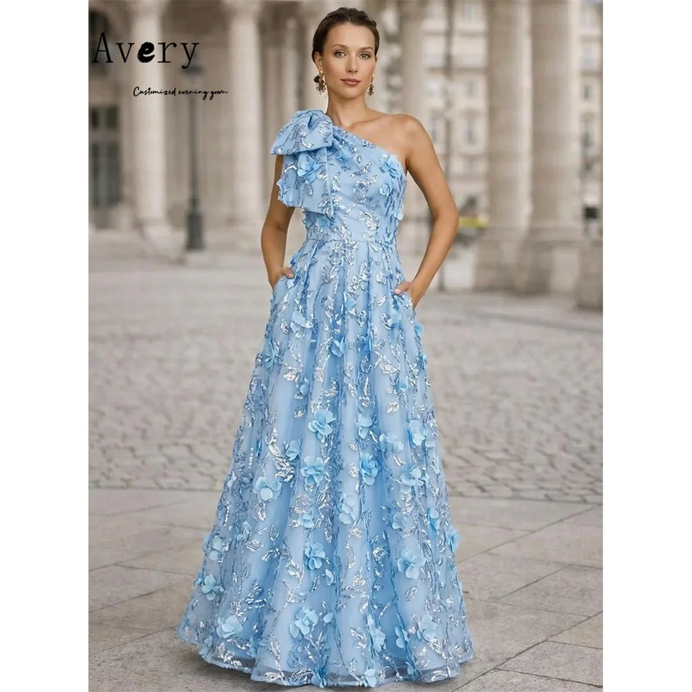

Avery Custom 3D Flowers Off the Shoulder Sky Blue A Line Evening Dresses for Luxury Party Dress Elegant Cocktail Dresses D/party