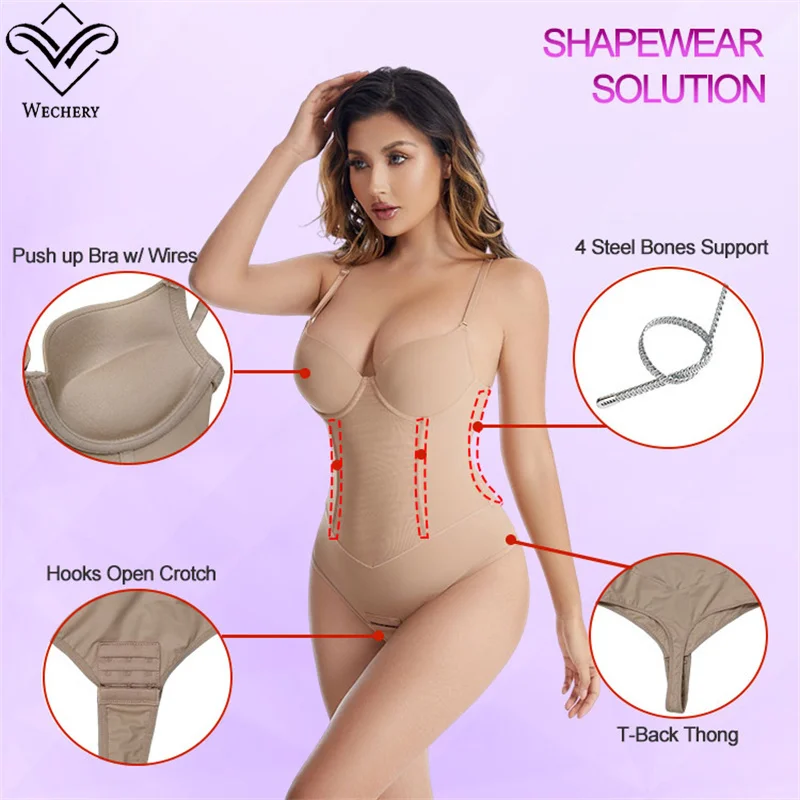 WECHERY 4 Steel Boned Shapewear Bodysuit Women Body Shapers Push Up Thick Cup V Neck Sexy Lingerie Slimming Bodycon Black Beige