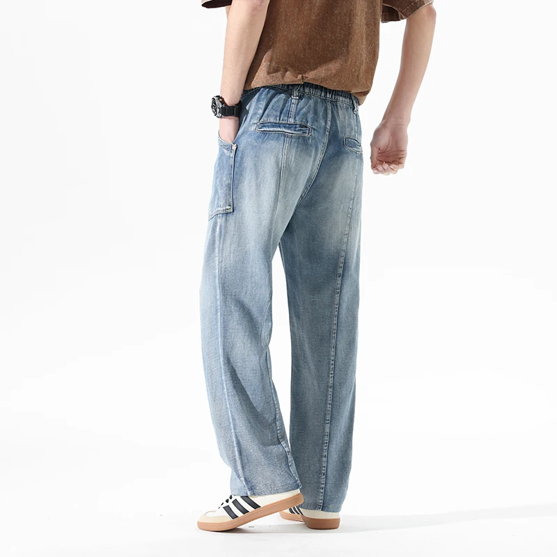 

2026 Spring Autumn/Winter American Retro Washed Blue Denim Jeans for Men Casual Regular Straight-Leg Lounge Pants Plus Size 40
