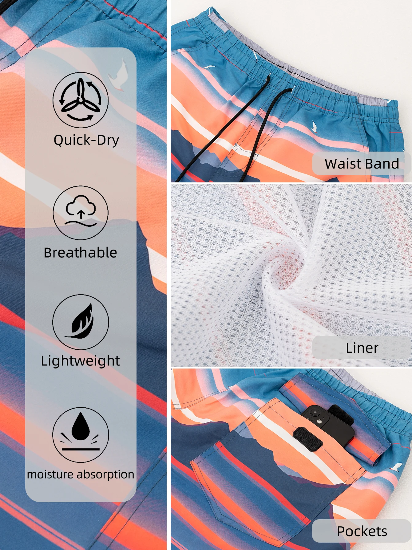 Men\'s Sundown Stripe Digital printing Board Shorts with Pockets for Beach or Pool Mens Swim Shorts With Two-piece Liner