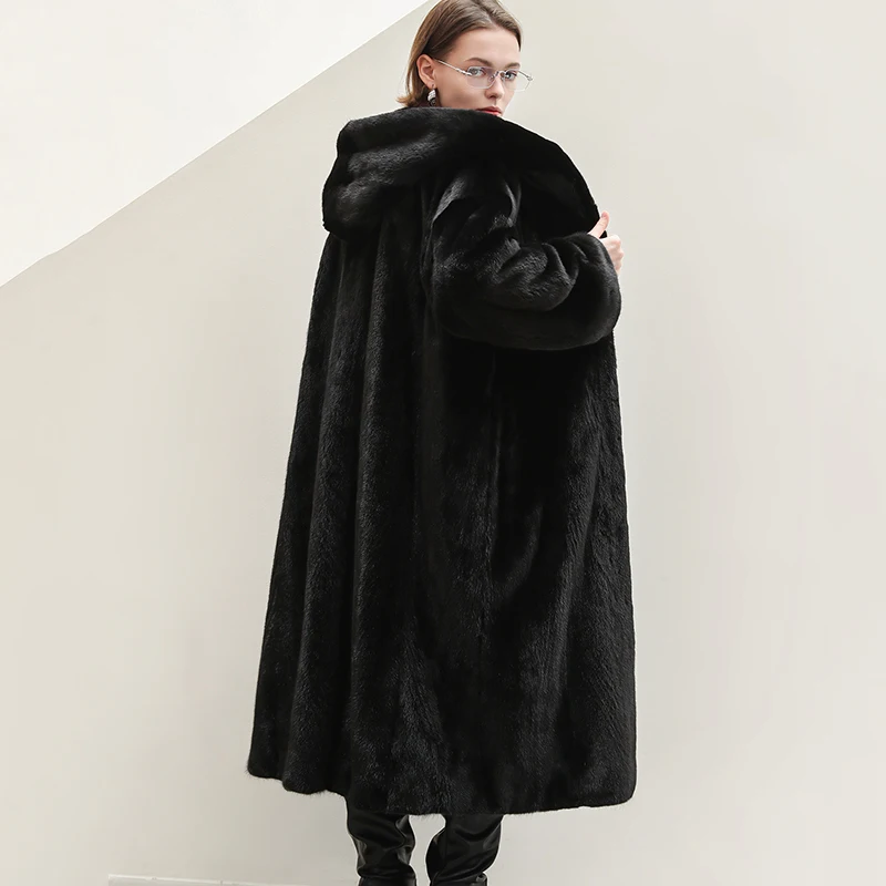 Ftangaiur 겨울 수입 벨벳 밍크 퍼 코트 보르가라메 블랙 퍼 후드 밍크 코트 여성용 중간 사이즈 천연 리얼 밍크 퍼 코트