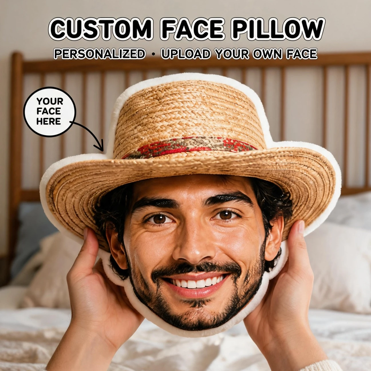Custom Personalized Photo Face Pillow, Smiling for Man in Straw Hat Custom Shaped Decorative Cushion, 70cm Home Decor Accent for