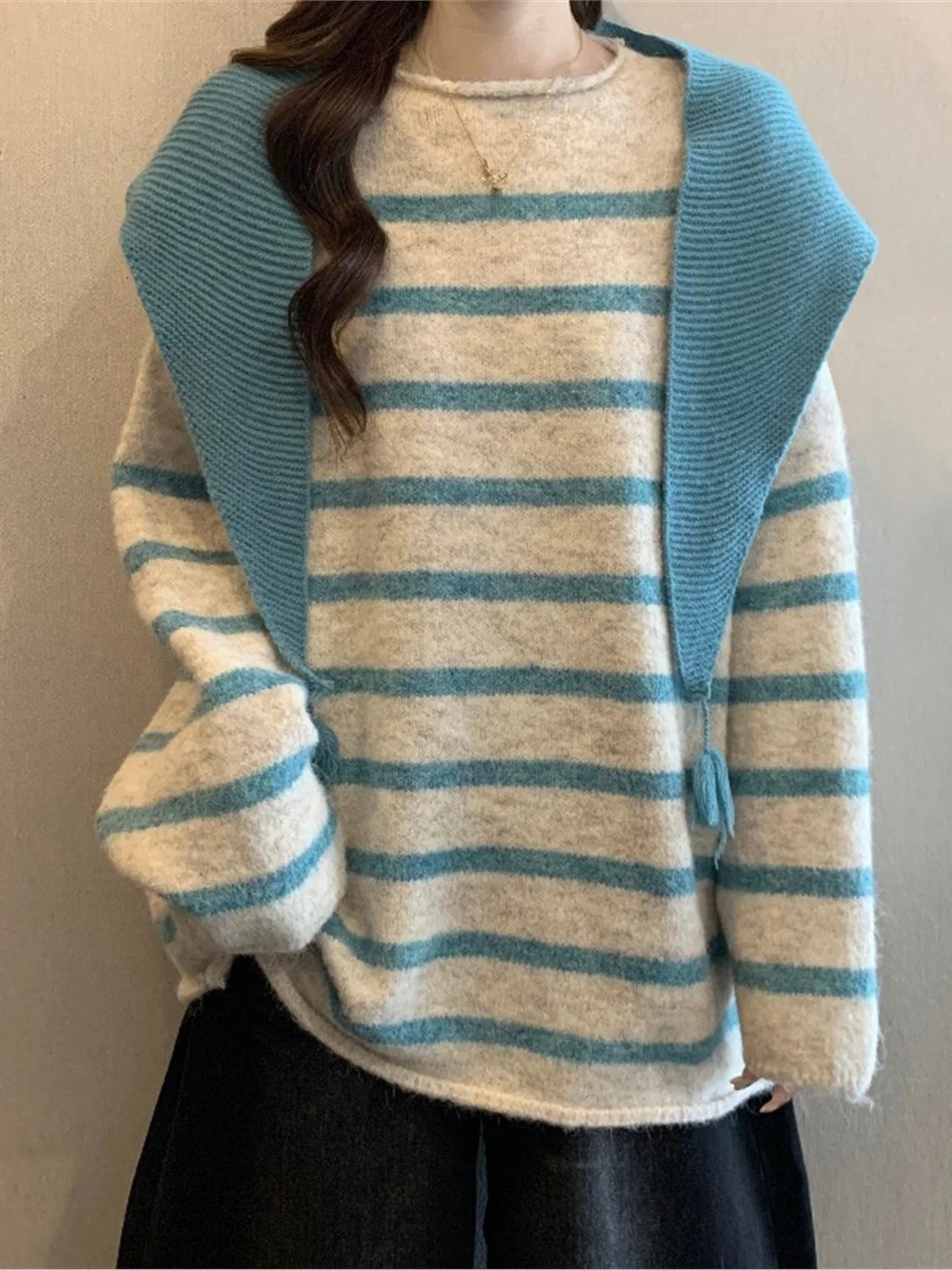 

Корейский полосатый свитер-толстер для женщин, осенне-зимний, больших размеров, красивый вязаный топ Mahahao, повседневный стиль