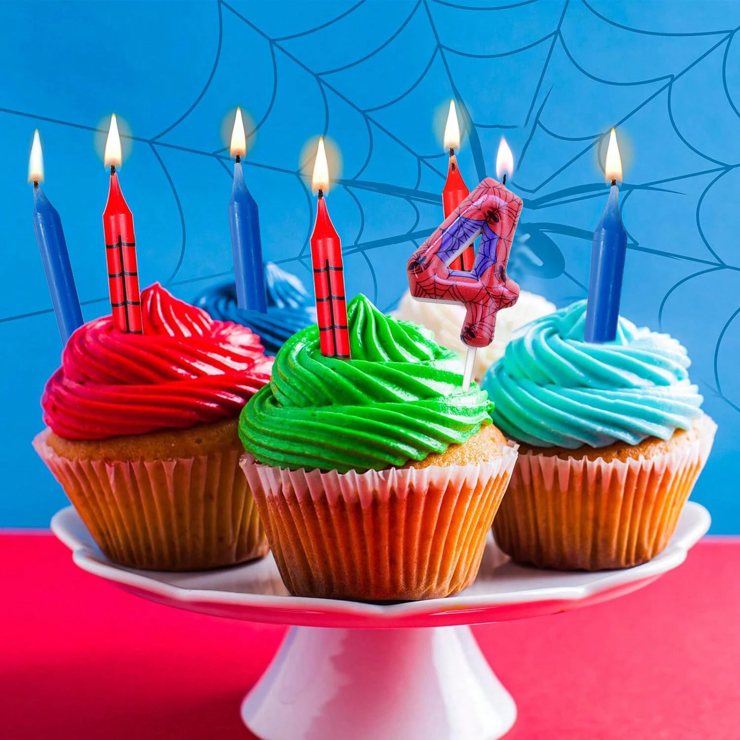 7pcs Red Blue Spider 4th Birthday Number Candles, Number 4 Candle Cake Topper Decorations for Spider Cartoon Themed Parties