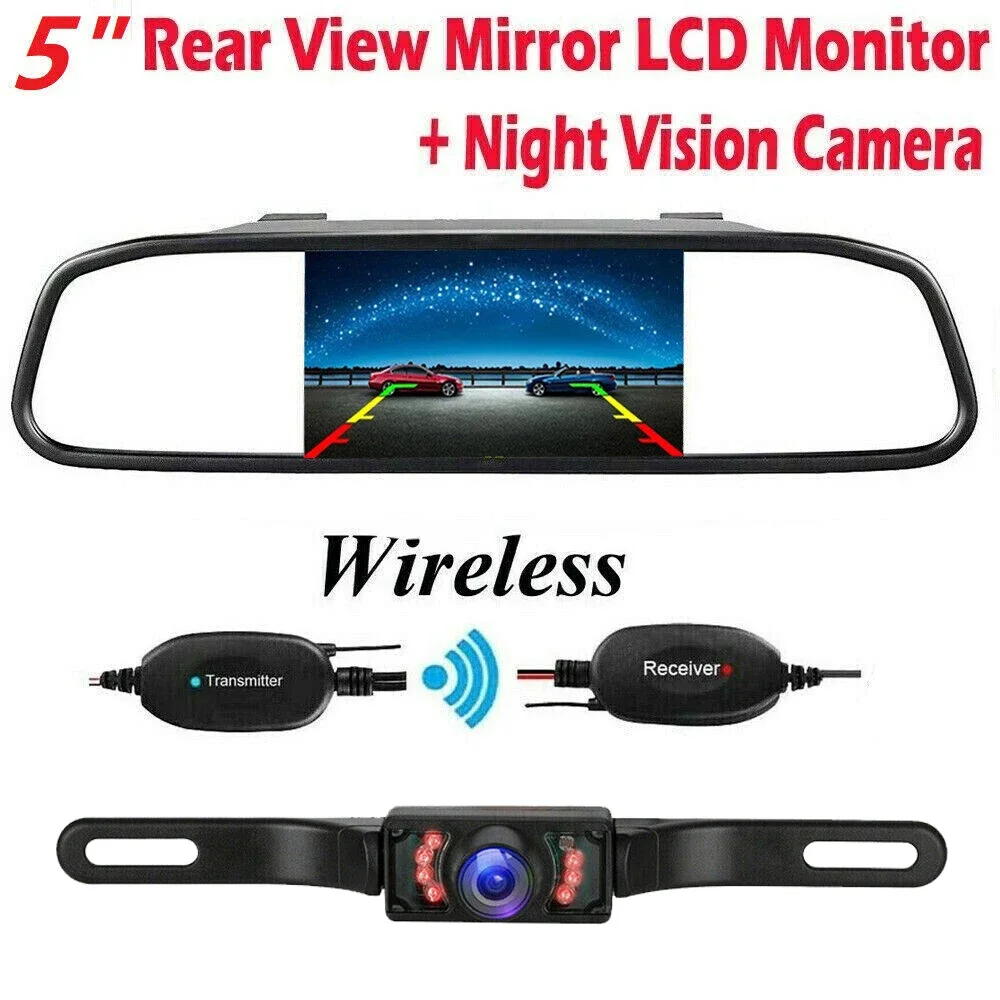 

QueenDer Wireless 5 inch Rear View Mirror Monitor + Car Backup Camera Kit Night Vison Camera for Car, Pickup, SUVs, Vans