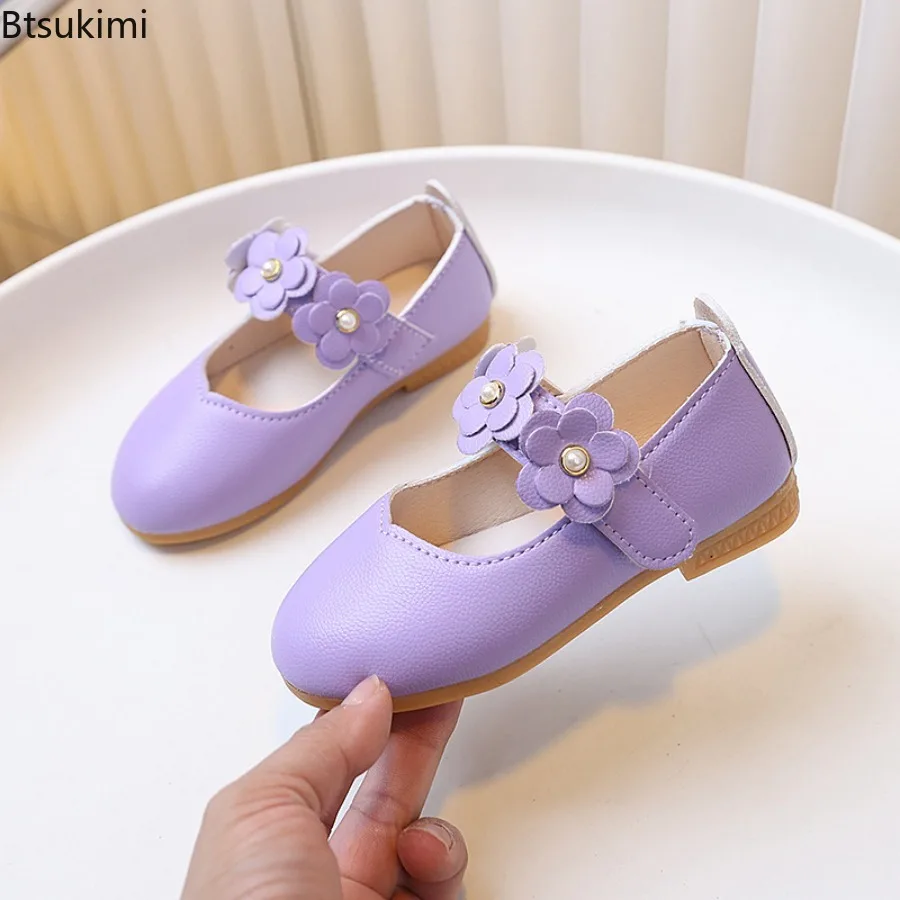 2026 Spring Summer Girls Princess Leather Shoes for Children Dress Shoes Sandals Flowers Fashion White Wedding School Flat Shoes