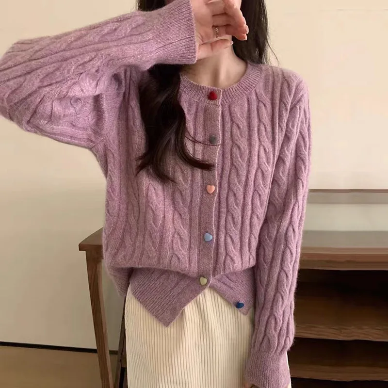 

Women's Pullover Knitted Cardigan Sweater Loose Fit Female Autumn Winter Colored Buckle Round Neck Base Layer Design Sense Tops