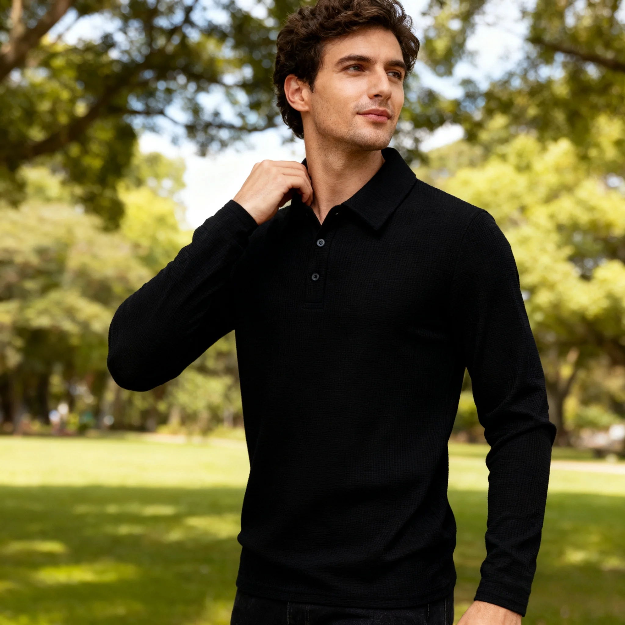 2026 Hot البيع الرجال الصيف عادية تنفس مريحة قميص بولو الرجال بلون عالية الجودة طويلة الأكمام تي شيرت #1