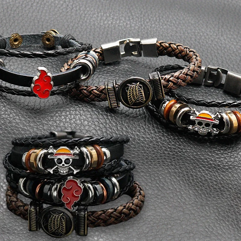 Naruto Akatsuki Bracelet Anime Red Cloud Leather Watchband Bracelet for Men Women Cartoon Black Woven Bracelet Jewelry Toy Gift