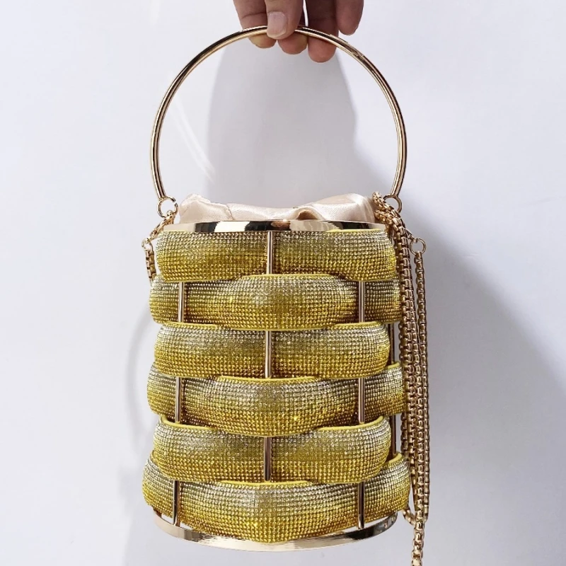 

Sparkling Metal Woven Evening Clutch Bag Luxury Design Fashionable Shiny Rhinestones Women's Cylindrical Circular Handle Handbag