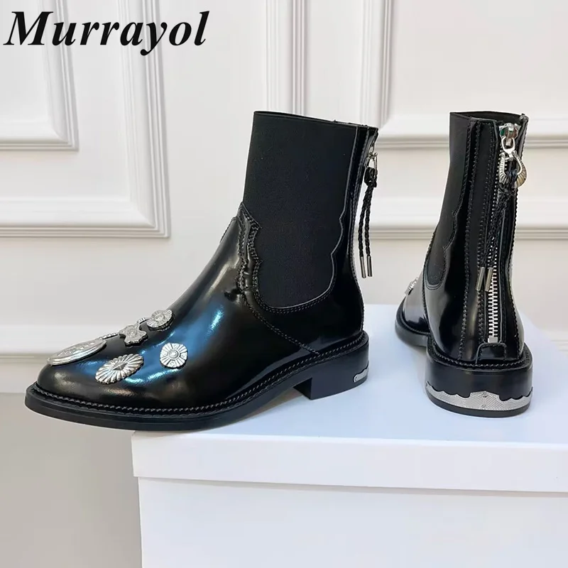 Tessuto elastico in vera pelle Splicing stivaletti donna rivetto Decor cerniera posteriore caviglia Botas autunno inverno Retro Chelsea Boots