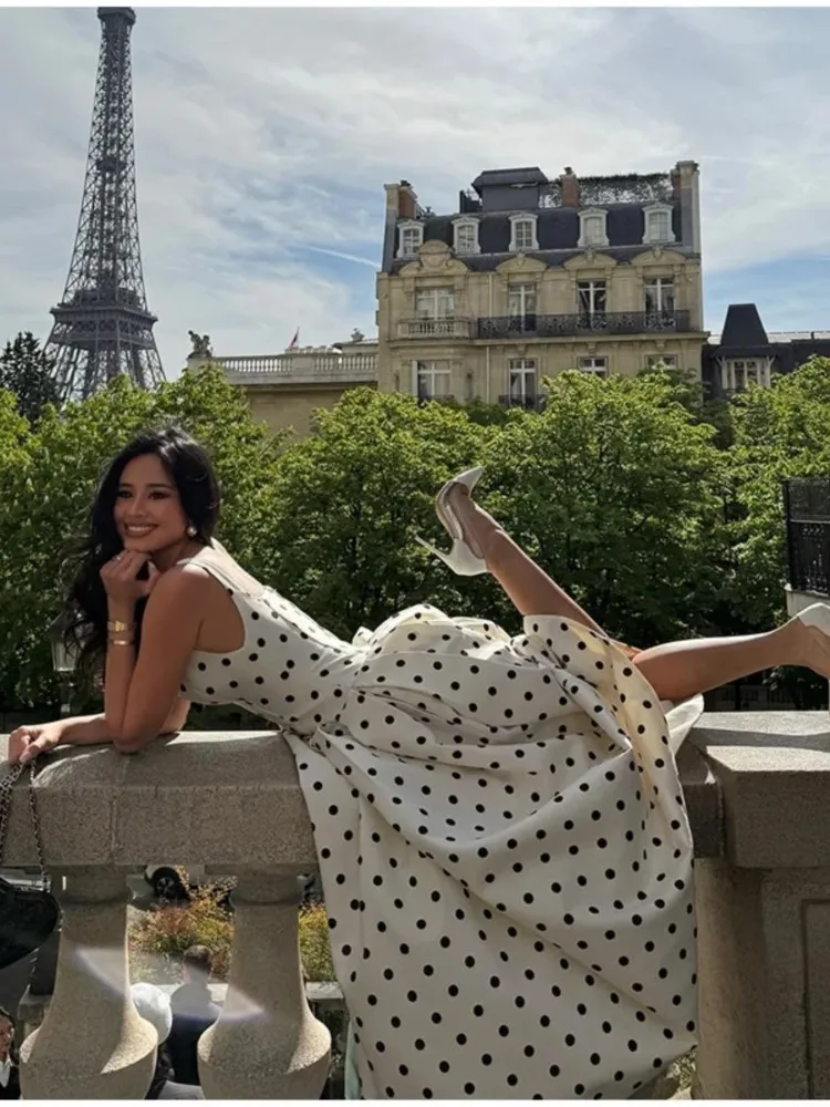 Nieuwe zomer elegante dames polka dot spaghetti boho maxi-jurk, vintage vloeiende lange jurk, chique vakantie strandfeest vestidos