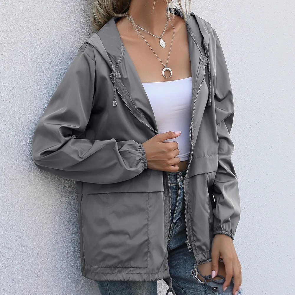 Women\'s Zipper Hoodie Raincoat Lightweight Outdoor Hiking Raincoat Jacket Solid Color Raincoat Women Impermeable