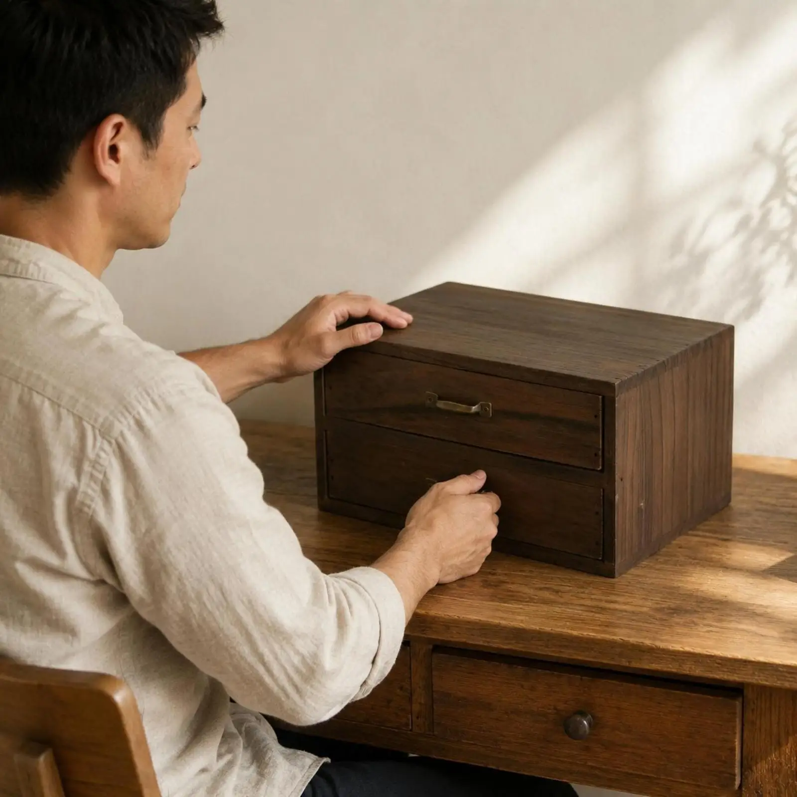 Wooden Desktop Organizer with Drawers Brass Handles Tabletop Storage Box Compact