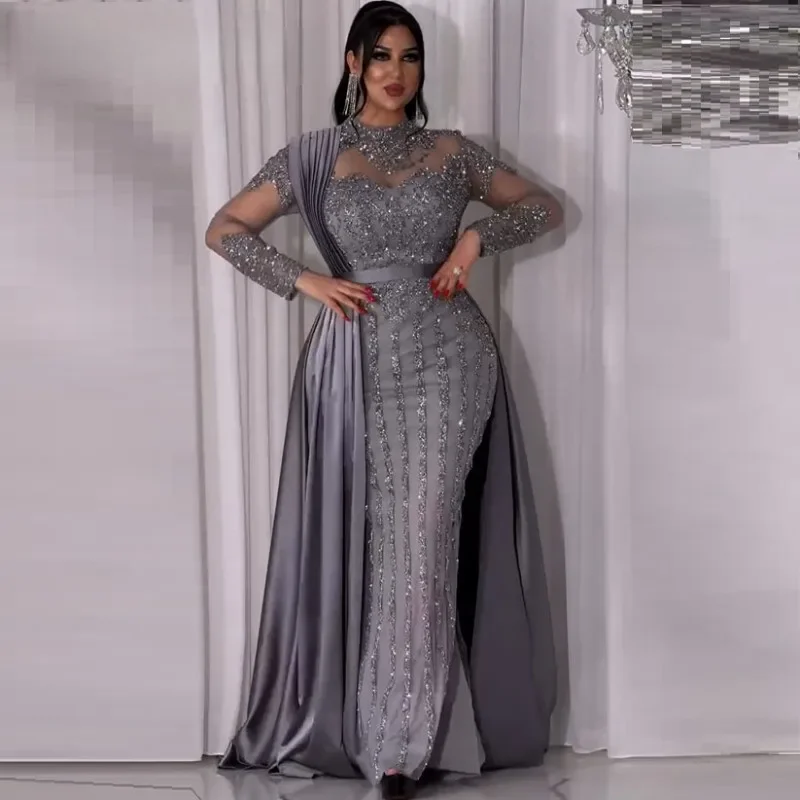 

Customized 2025 Long Sleeved High Neck Mermaid Grey Evening Gown For Wedding Parties Luxurious And Elegant Sequined Ball Gown