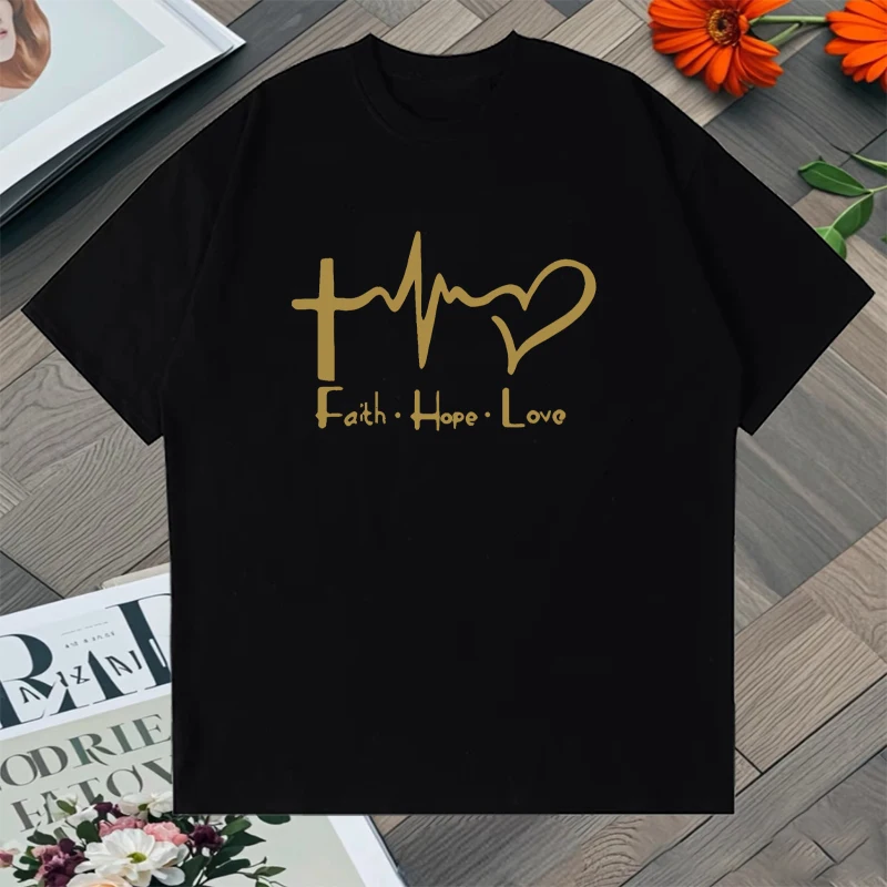 

Trend 100% Pure Cotton Tee shirt Heart Shaped Belief Graphic Printed Round Neck short sleeve T-shirt harajuku Men Women clothing