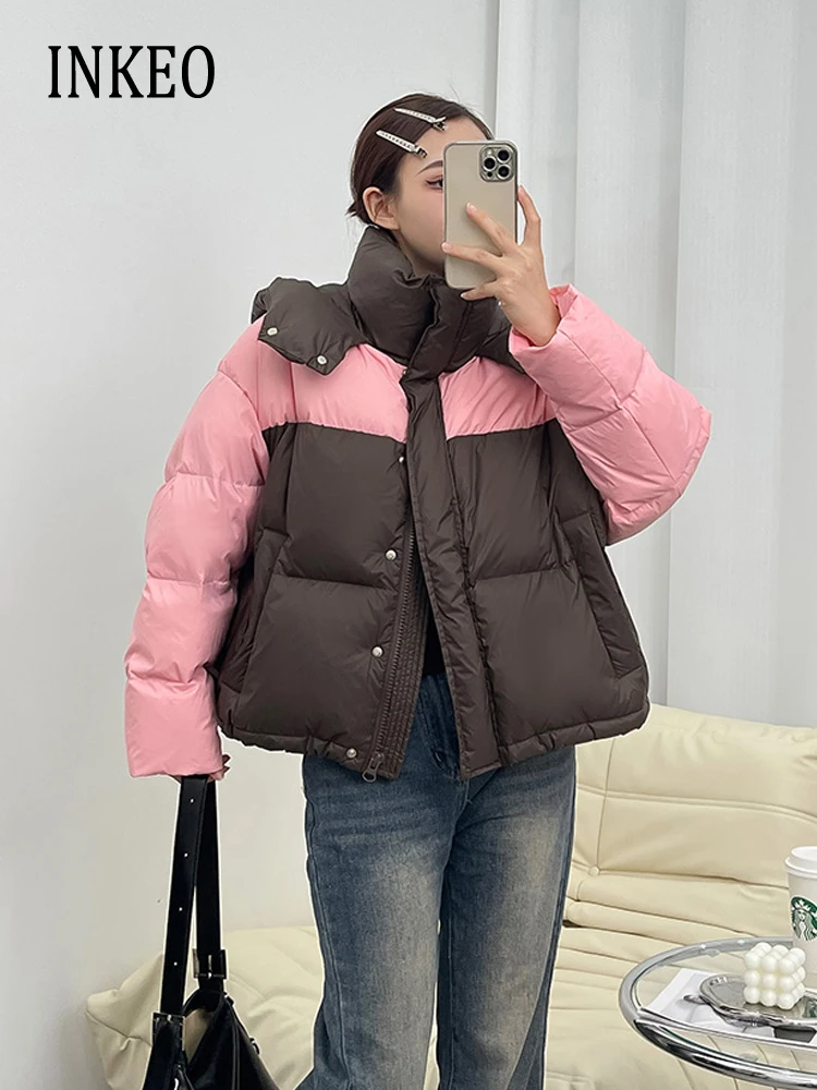 

Casual contrast color duck down jacket for women 2023 Fall winter Fashion Hooded puffer coat Overcoat Warm Oversized INKEO 3O180