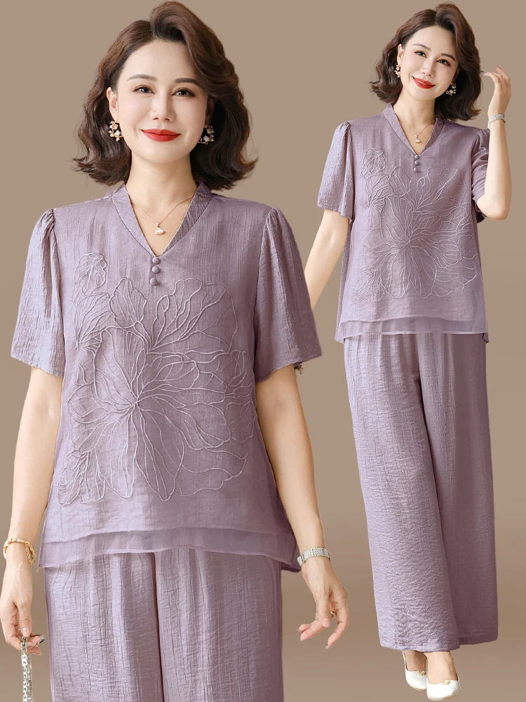 

Casual Cotton Linen Summer Outfit ort Sve Women's Top Bot Set Faionable V-Ne Loose Fit Mid-Aged Momwear