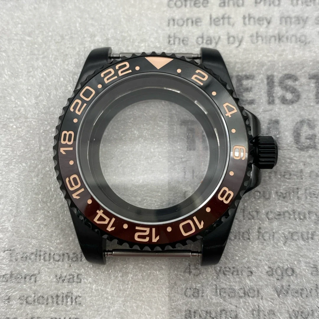 Sub gmt 42mm pvd anel preto caixa de relógio com moldura inclinada para nh35 nh36 nh38 nh70 nh72 movimento 28.5mm dial mods 007 caso